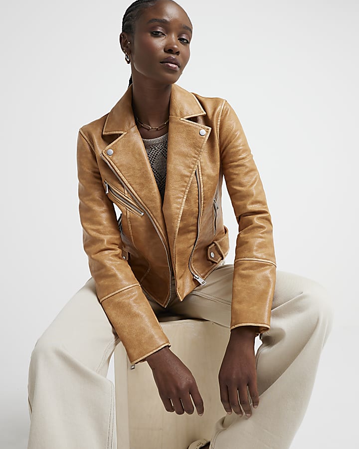 Brown Faux Leather Distressed Biker Jacket