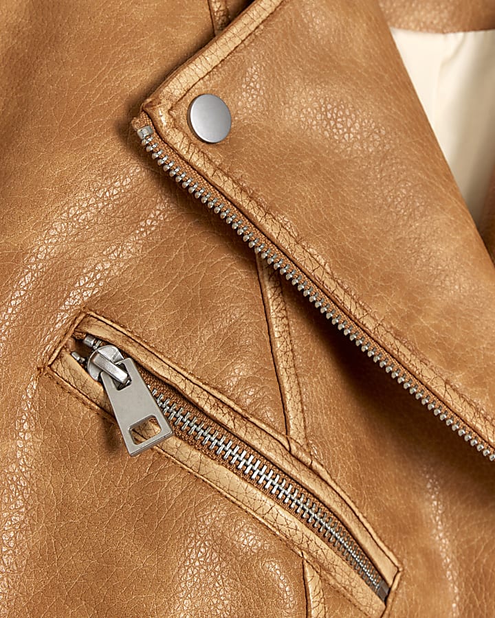 Brown Faux Leather Distressed Biker Jacket