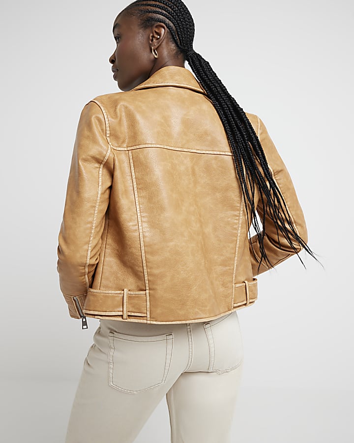 Brown Faux Leather Distressed Biker Jacket