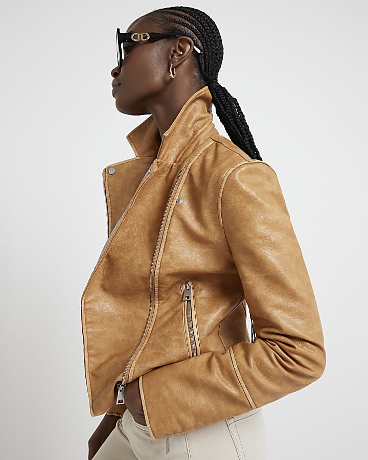 Brown Faux Leather Distressed Biker Jacket River Island