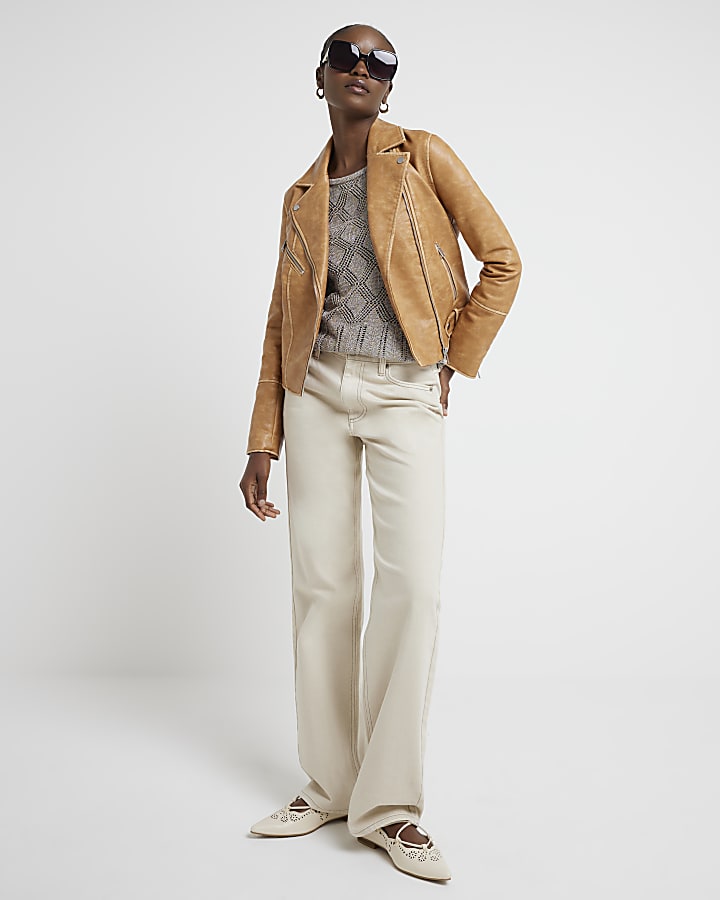 Brown Faux Leather Distressed Biker Jacket