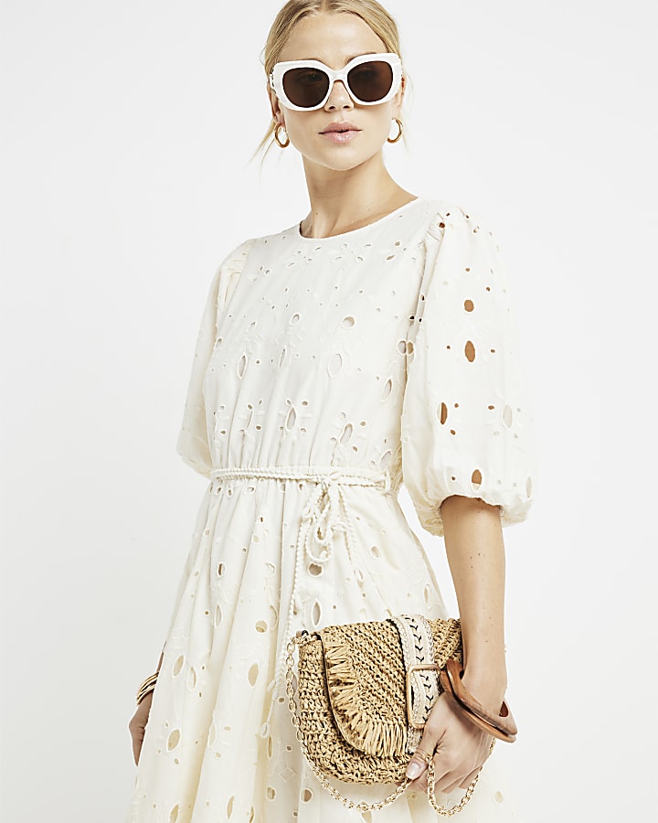 Cream broderie belted swing mini dress