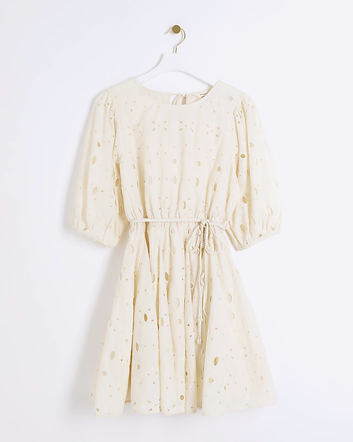 Cream broderie belted swing mini dress