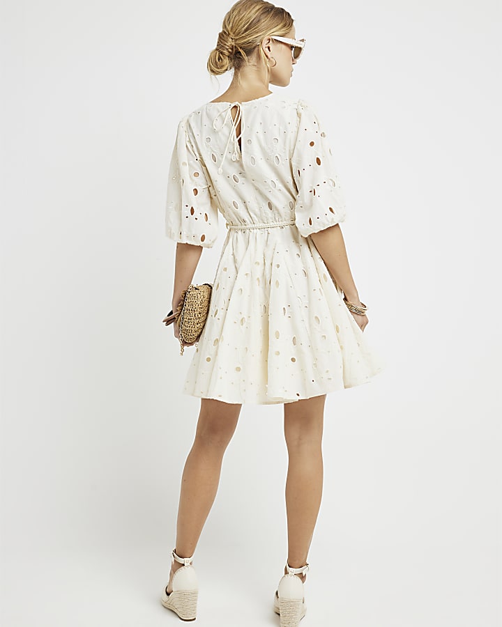 Cream broderie belted swing mini dress
