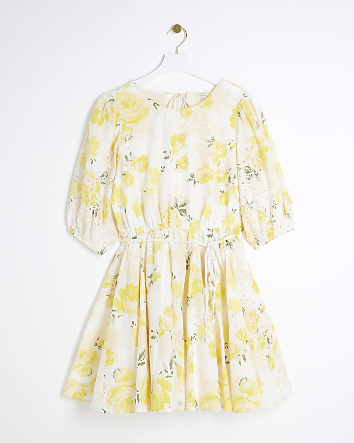 Yellow floral puff sleeve swing mini dress