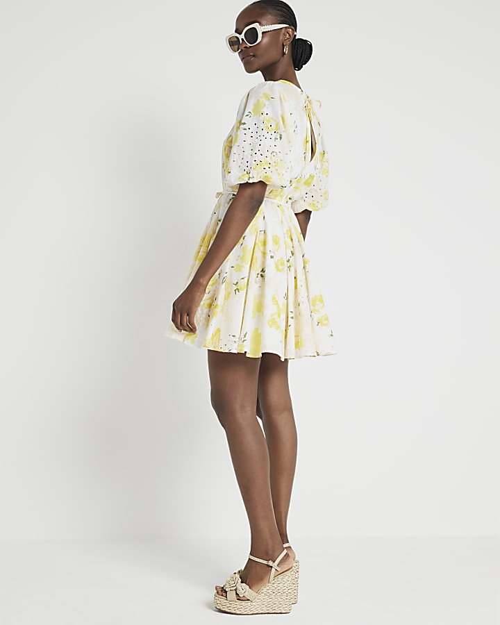 Yellow floral puff sleeve swing mini dress