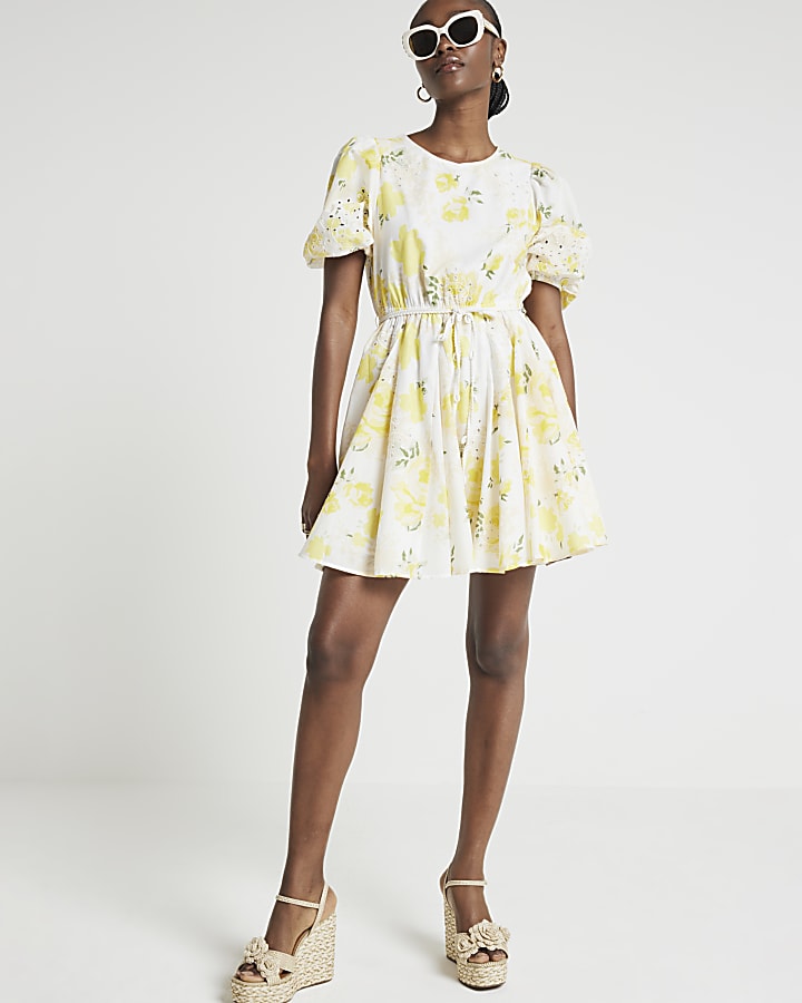 Yellow floral puff sleeve swing mini dress River Island