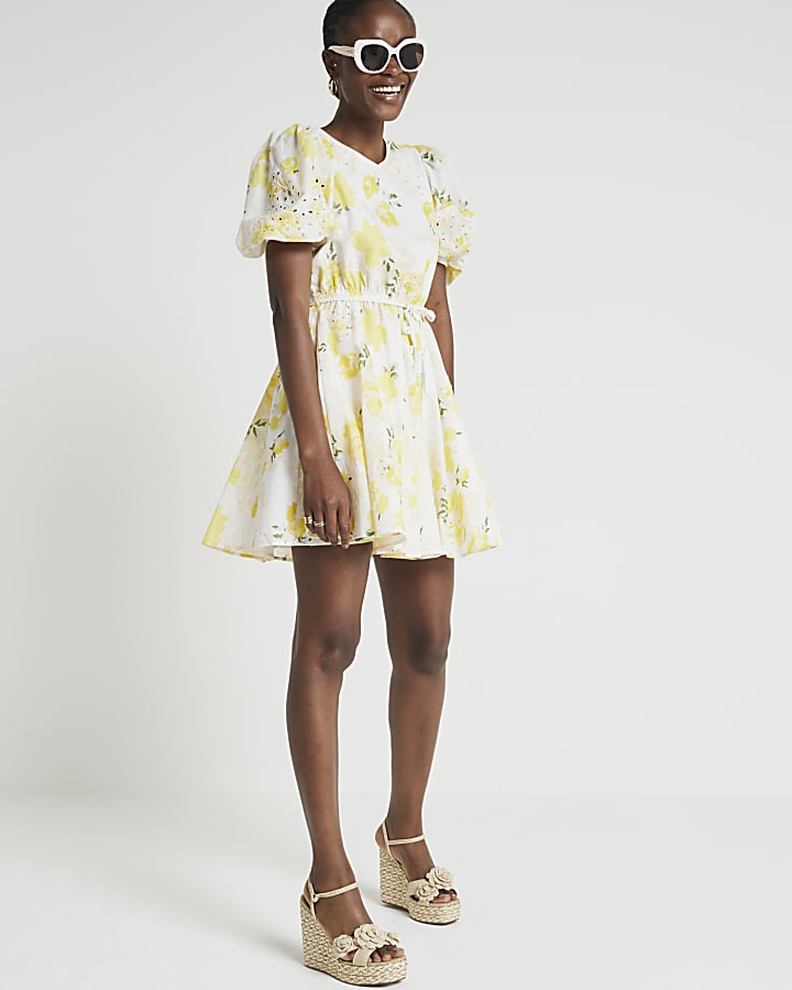 Yellow floral puff sleeve swing mini dress