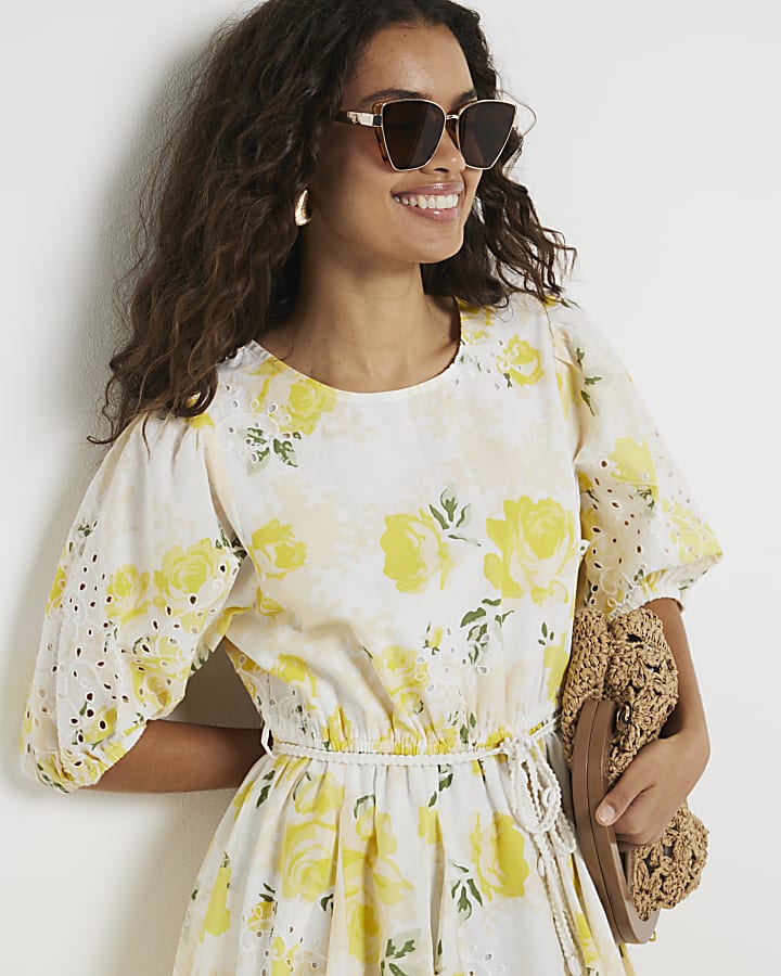 Petite yellow floral swing mini dress