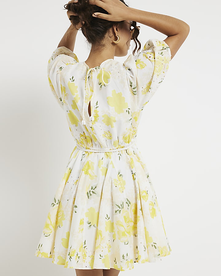 Petite yellow floral swing mini dress