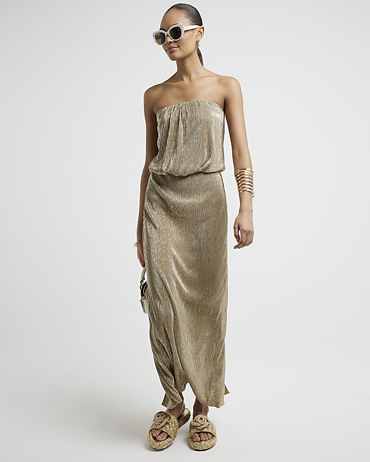 Gold plisse glitter maxi skirt River Island