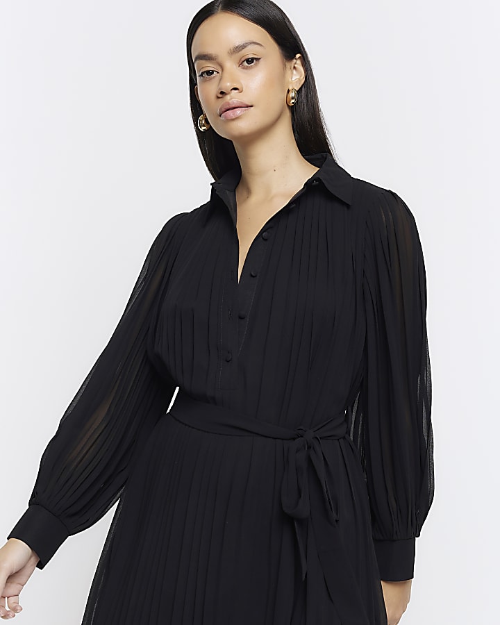 Black plisse tie waist mini shirt dress