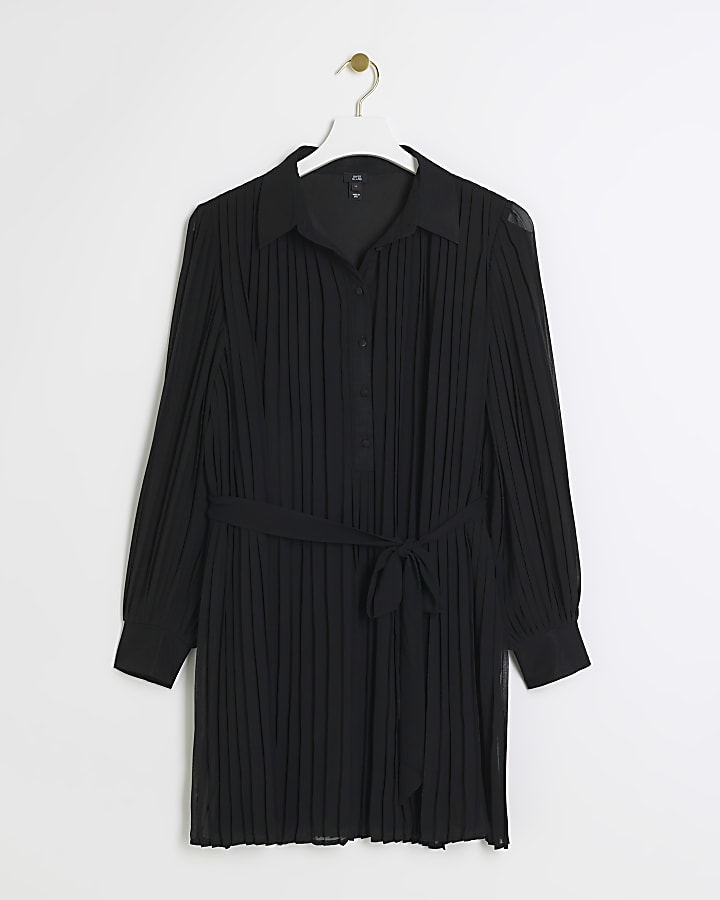 Black plisse tie waist mini shirt dress