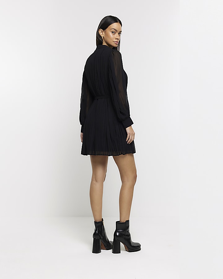 Black plisse tie waist mini shirt dress