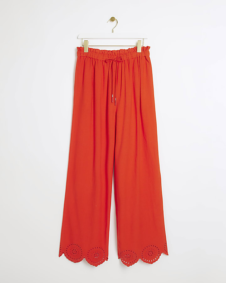 Red broderie linen blend trousers
