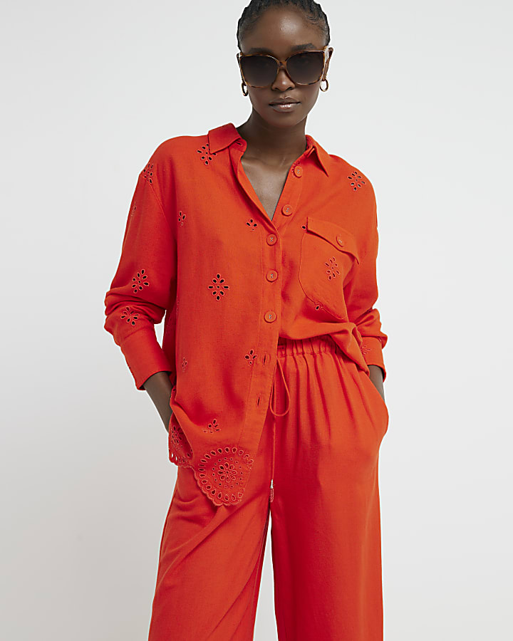 Red broderie linen blend trousers