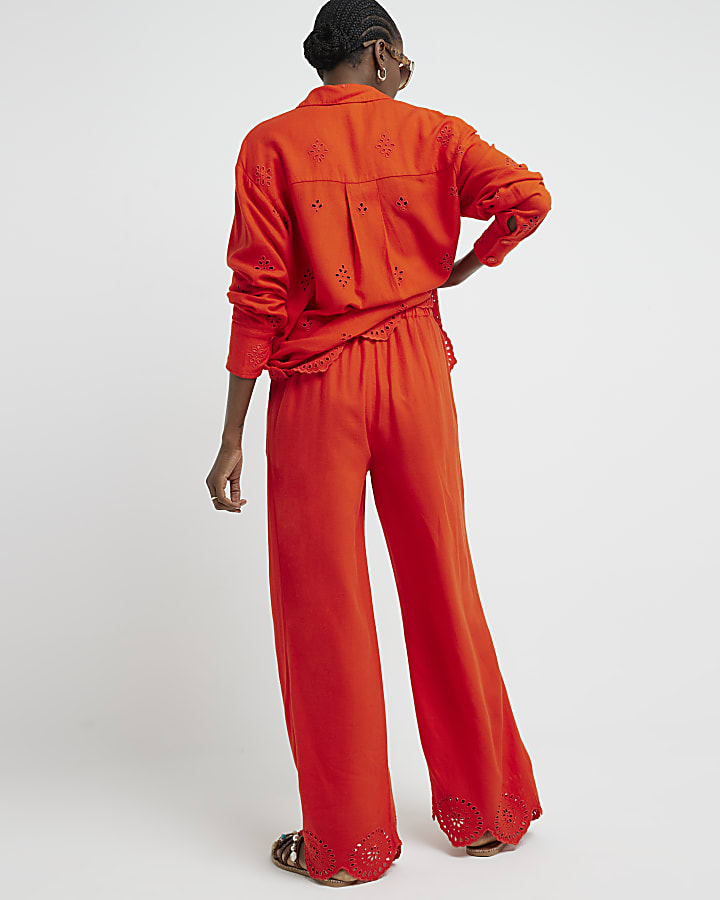 Red broderie linen blend trousers
