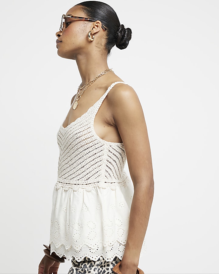 Cream crochet broderie trim vest top