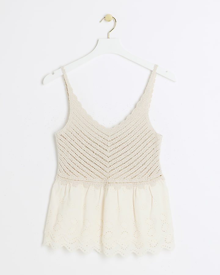 Cream crochet broderie trim vest top