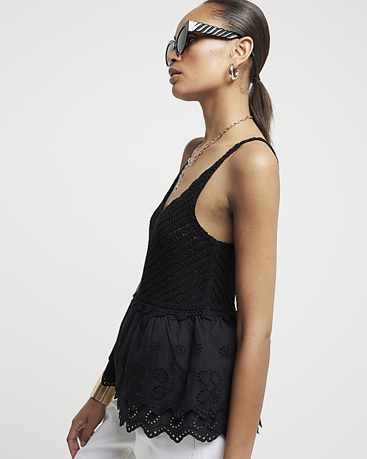 Black crochet broderie trim vest top