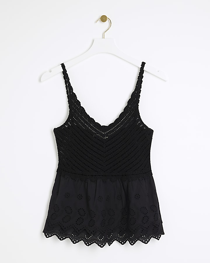 Black crochet broderie trim vest top