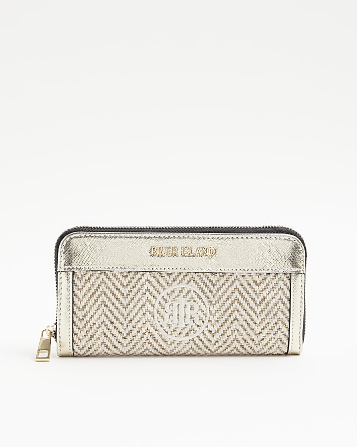 Gold RI monogram woven purse River Island