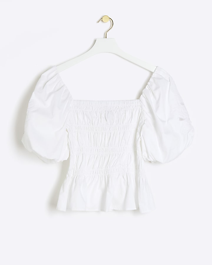 White shirred cut out puff sleeve blouse