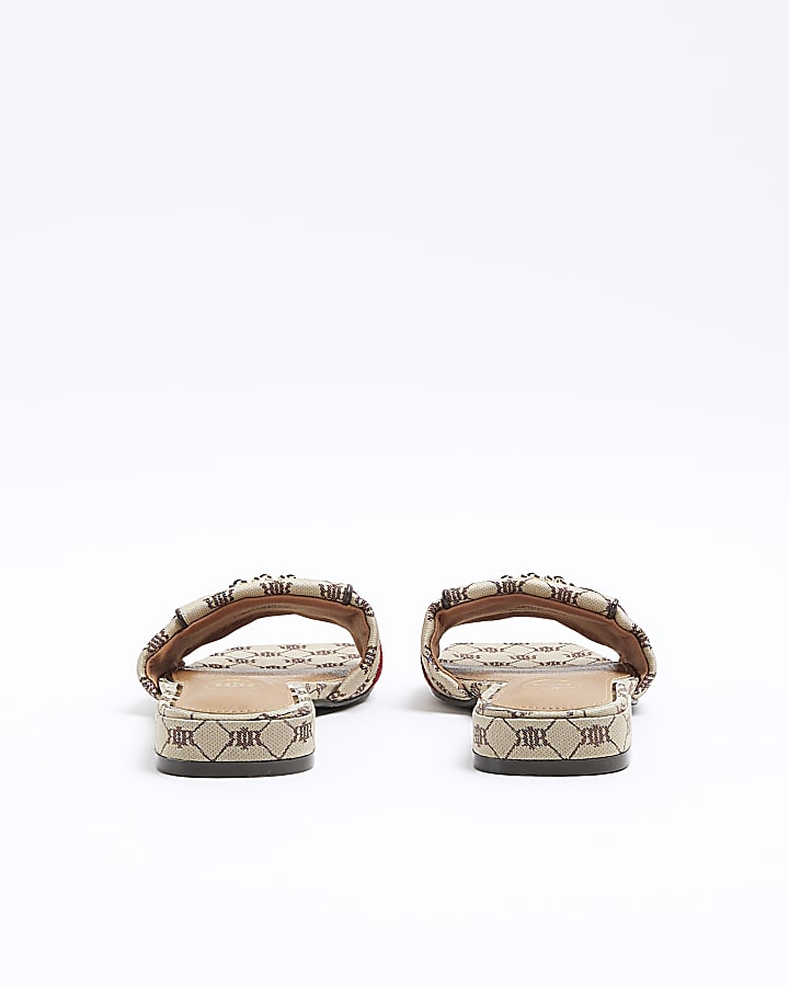 Beige Wide Fit Monogram Buckle Mule Sandals