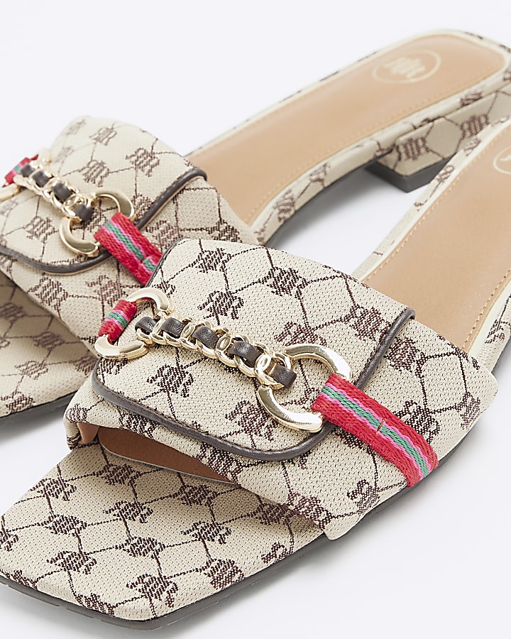 Beige Wide Fit Monogram Buckle Mule Sandals