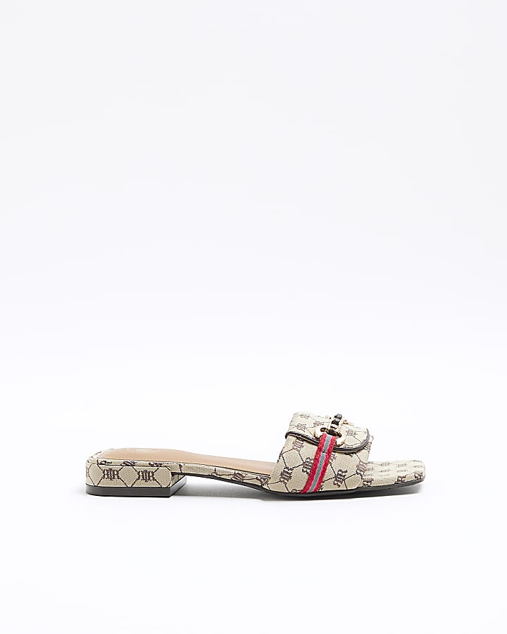 Beige Wide Fit Monogram Buckle Mule Sandals