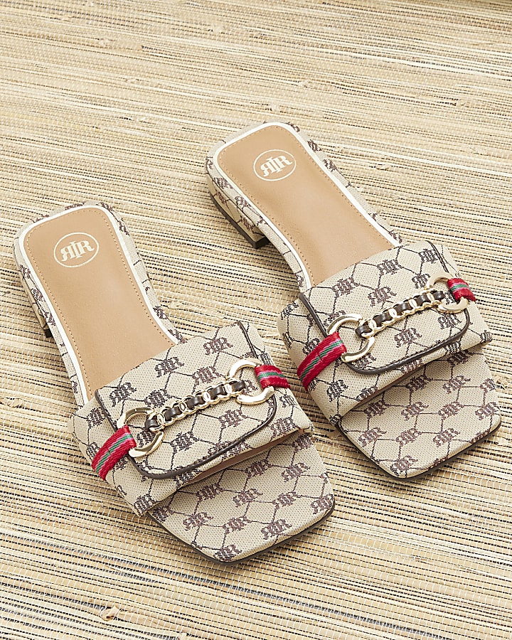 Beige Wide Fit Monogram Buckle Mule Sandals