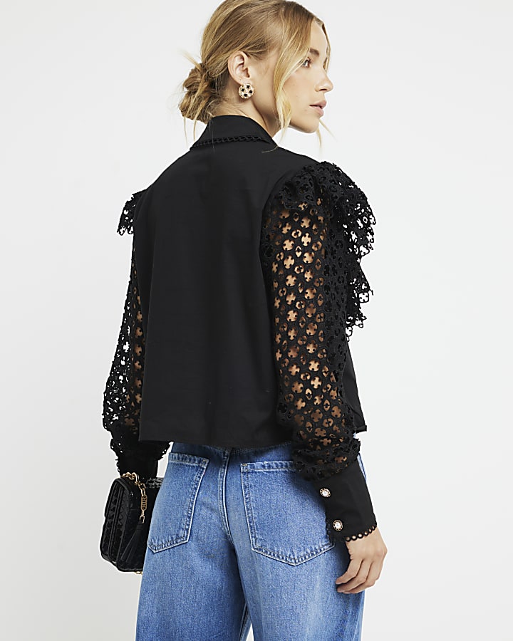 Black lace frill long sleeve blouse