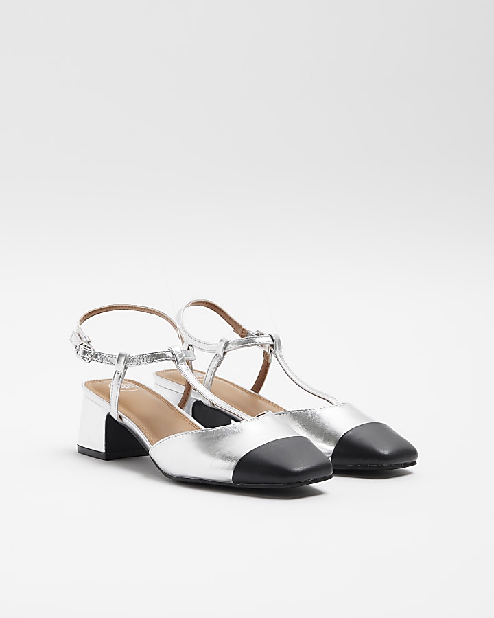 Silver Wide Fit block heeled court shoes