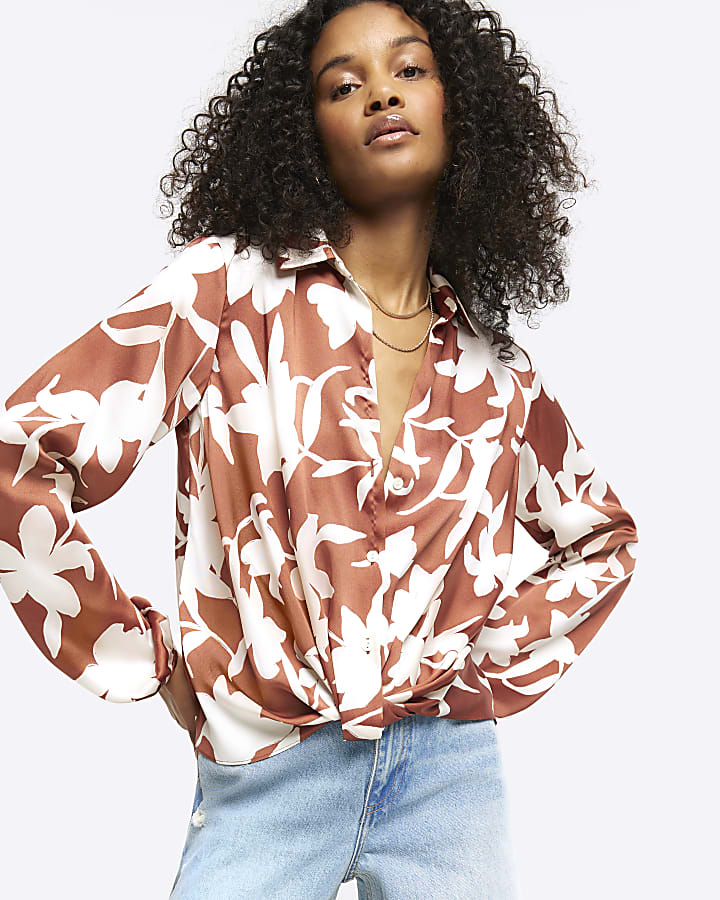 Brown floral wrap shirt