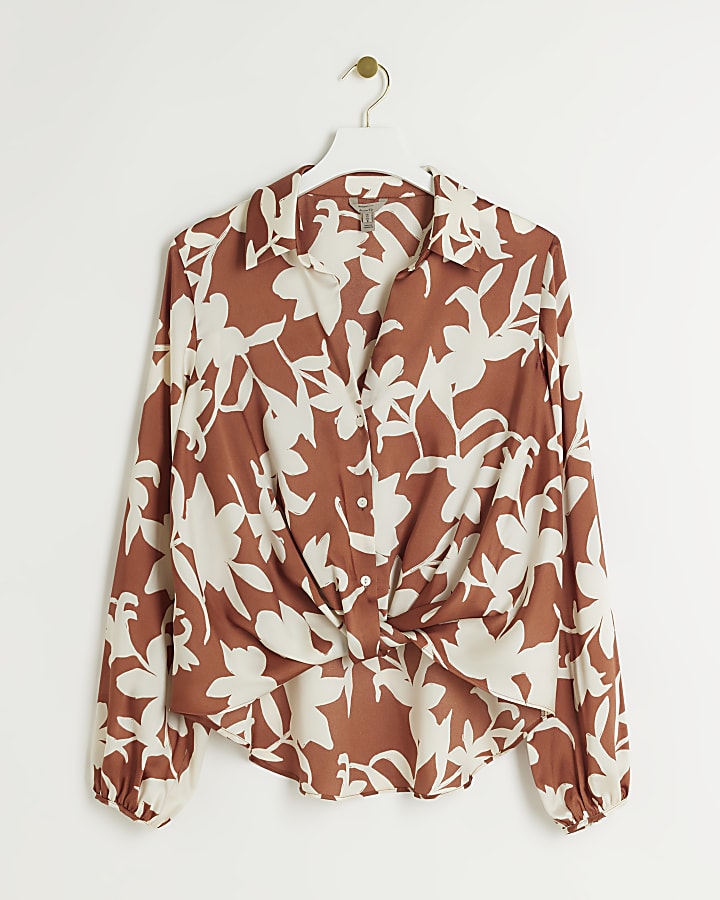 Brown floral wrap shirt