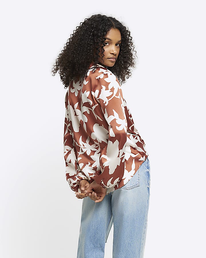 Brown floral wrap shirt