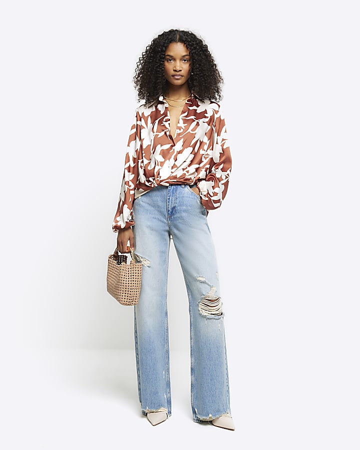 Brown floral wrap shirt