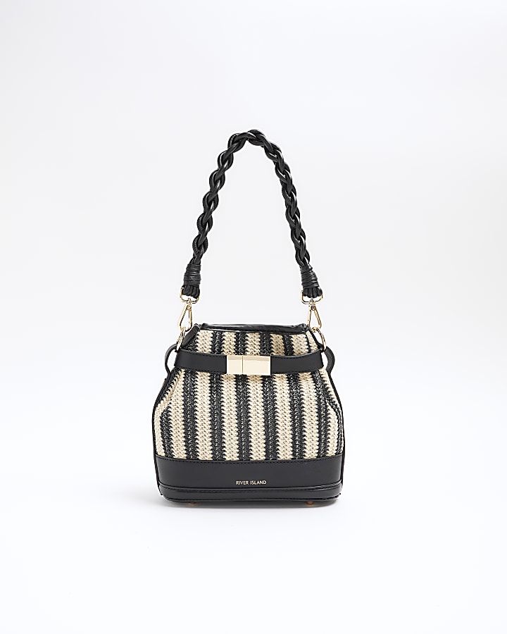 Black stripe Raffia Weave Bucket Bag