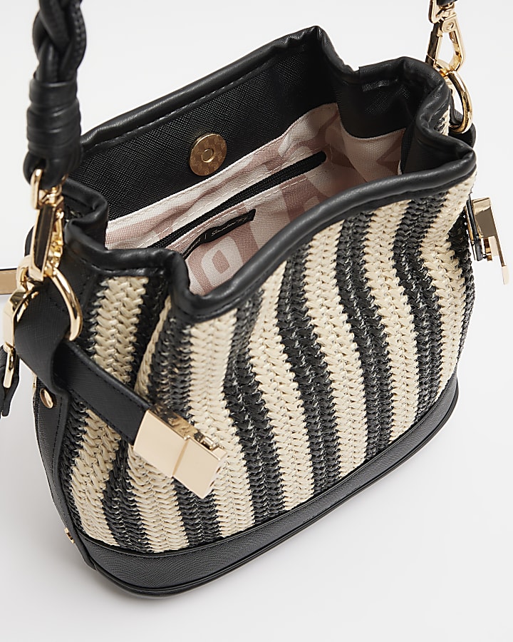 Black stripe Raffia Weave Bucket Bag