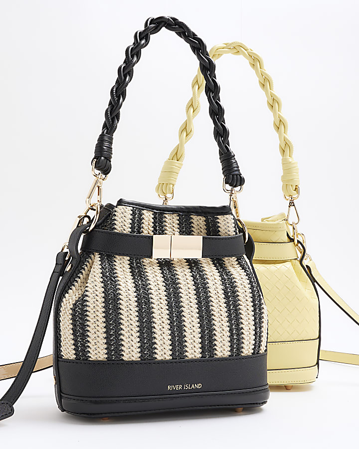 Black stripe Raffia Weave Bucket Bag