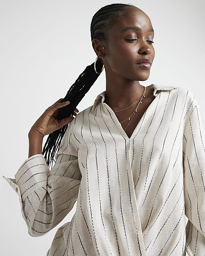 Beige linen blend stripe wrap shirt