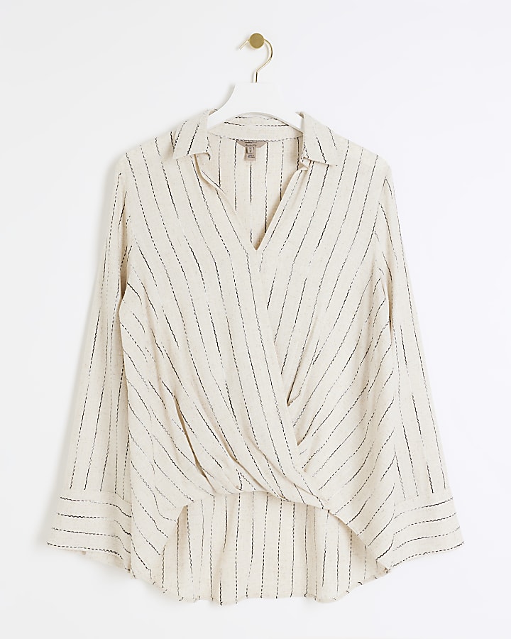 Beige linen blend stripe wrap shirt