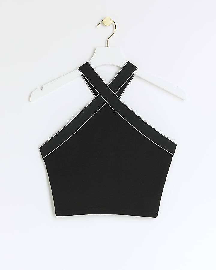 Petite black crossed halter top