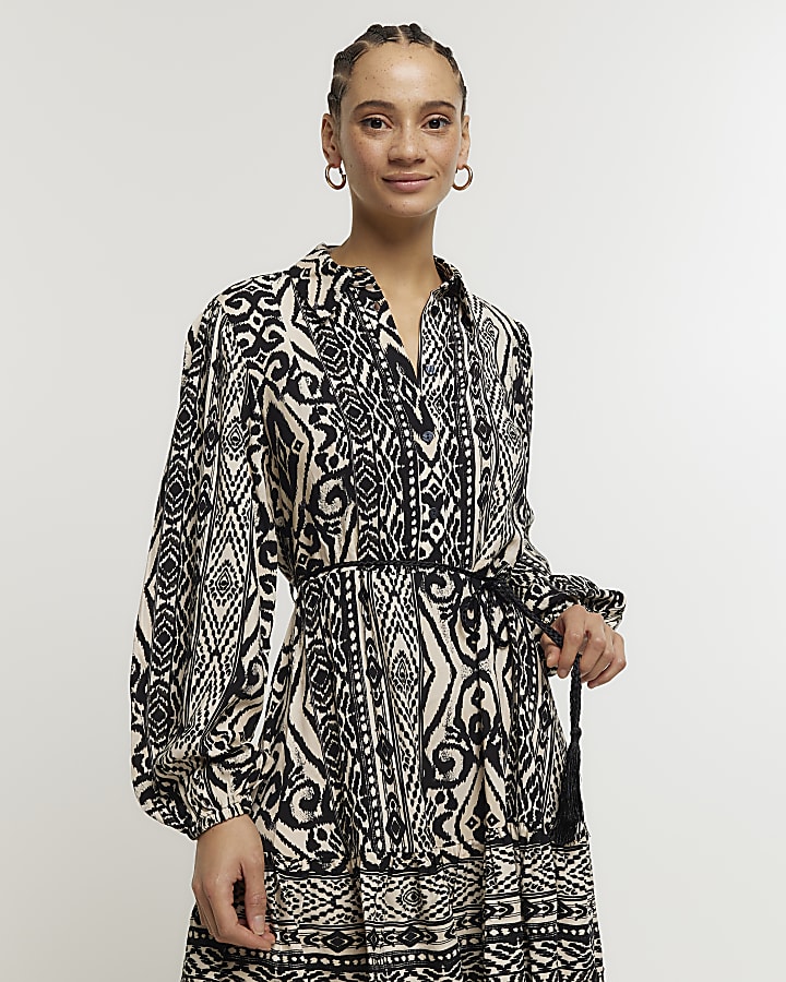 Black Aztec belted mini shirt dress