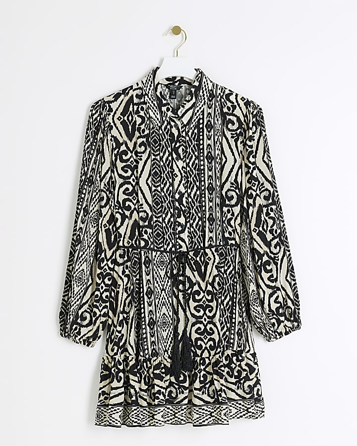 Black Aztec belted mini shirt dress