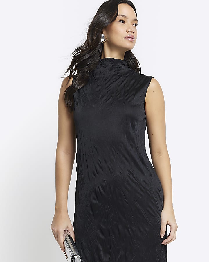 Black crinkle high neck bodycon midi dress