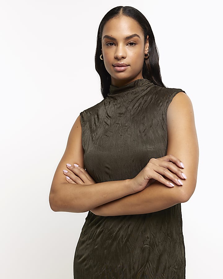 Khaki crinkle high neck bodycon midi dress