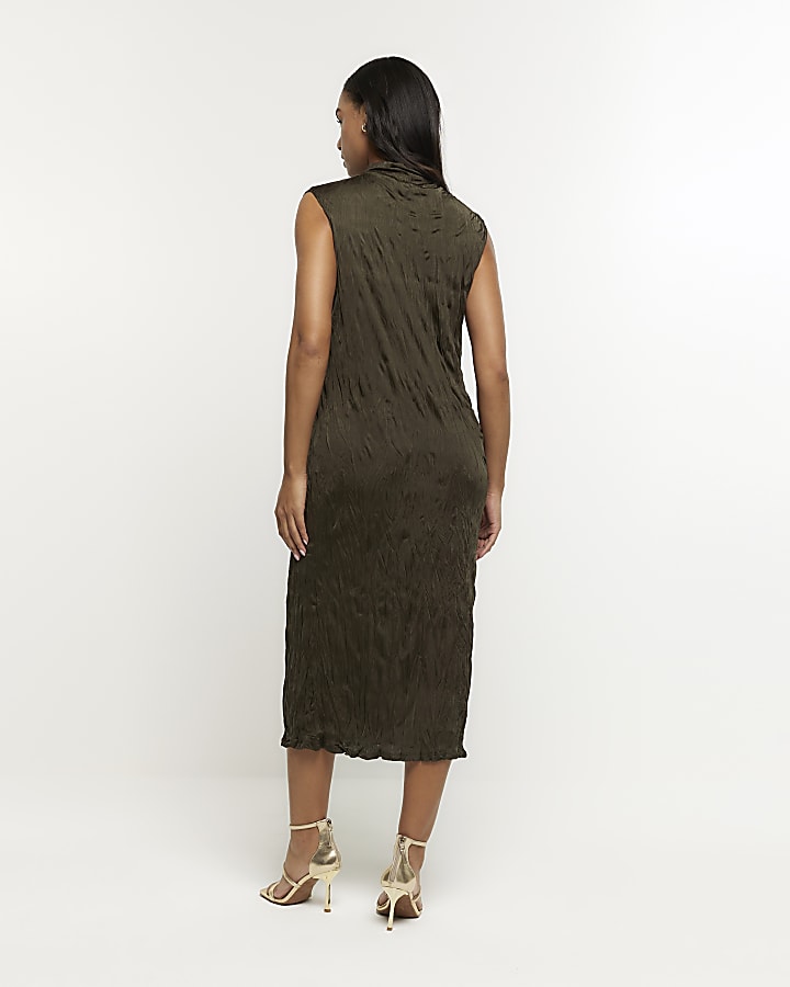 Khaki crinkle high neck bodycon midi dress