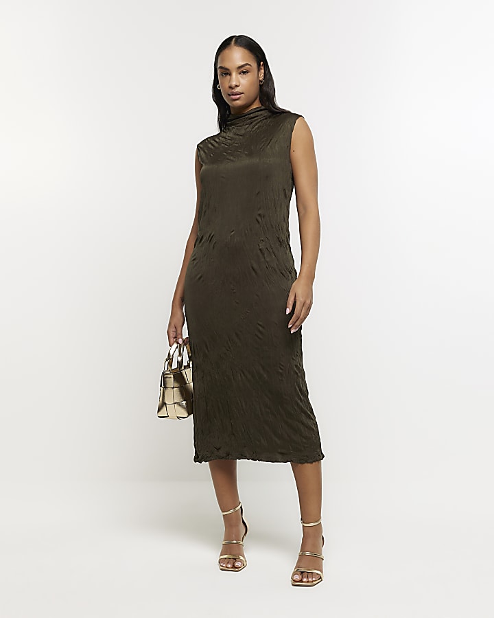 Khaki crinkle high neck bodycon midi dress