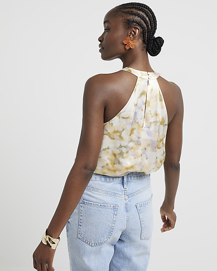 Yellow satin floral halter neck top